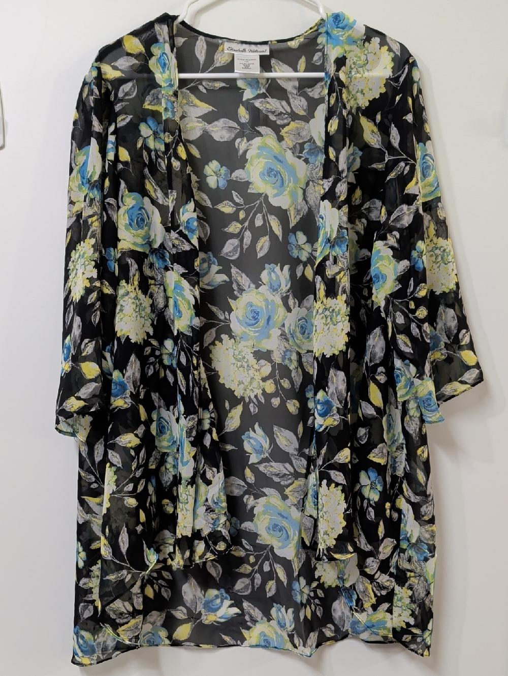 Elisabeth Williams Black Aqua Green Floral Sheer Kimono Duster Size Petite XL